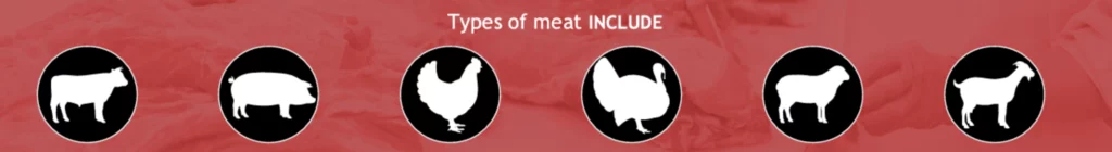 Types of meat INCLUDE: Beef, Pork, Chicken, Turkey, Lamb and Goat